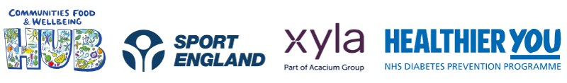 A series of supporter logos - Charnwood Food and Wellbeing Hub, Sport England, XYLA, Healthier You