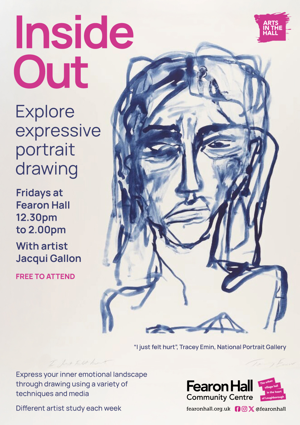 Explore expressive portrait drawing every Friday at Fearon Hall. 12,30pm - 2.00pm.