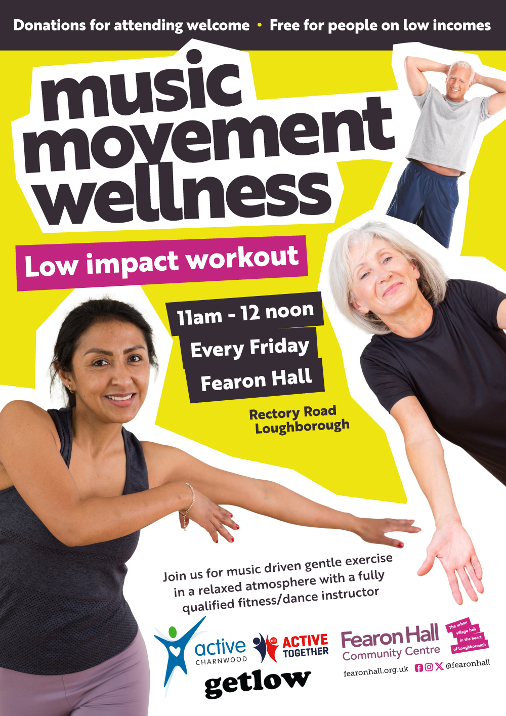 Music, Movement, Wellness every Friday at Fearon Hall, 11am - 12noon