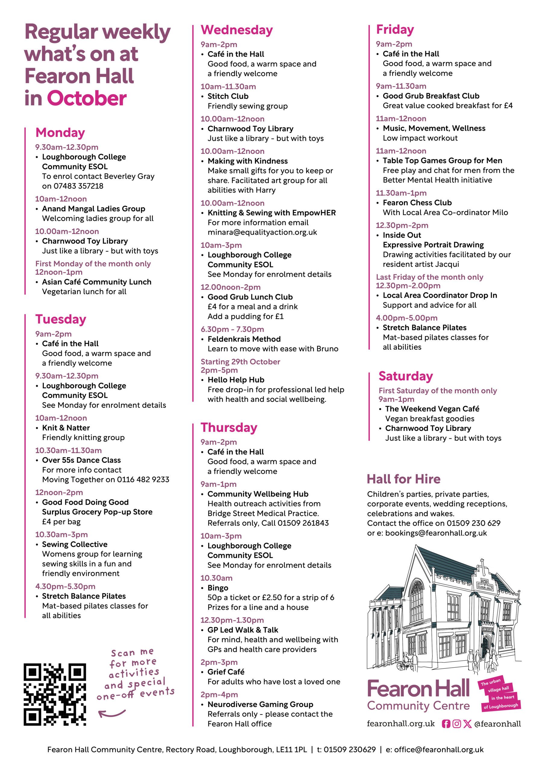 Regular weekly what's on at Fearon Hall in October