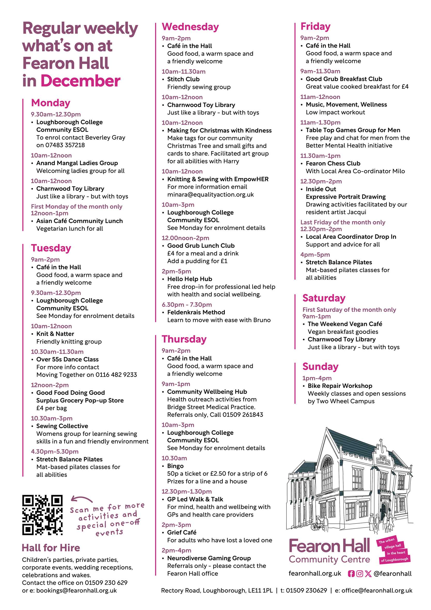 Regular weekly what's on at Fearon Hall in October