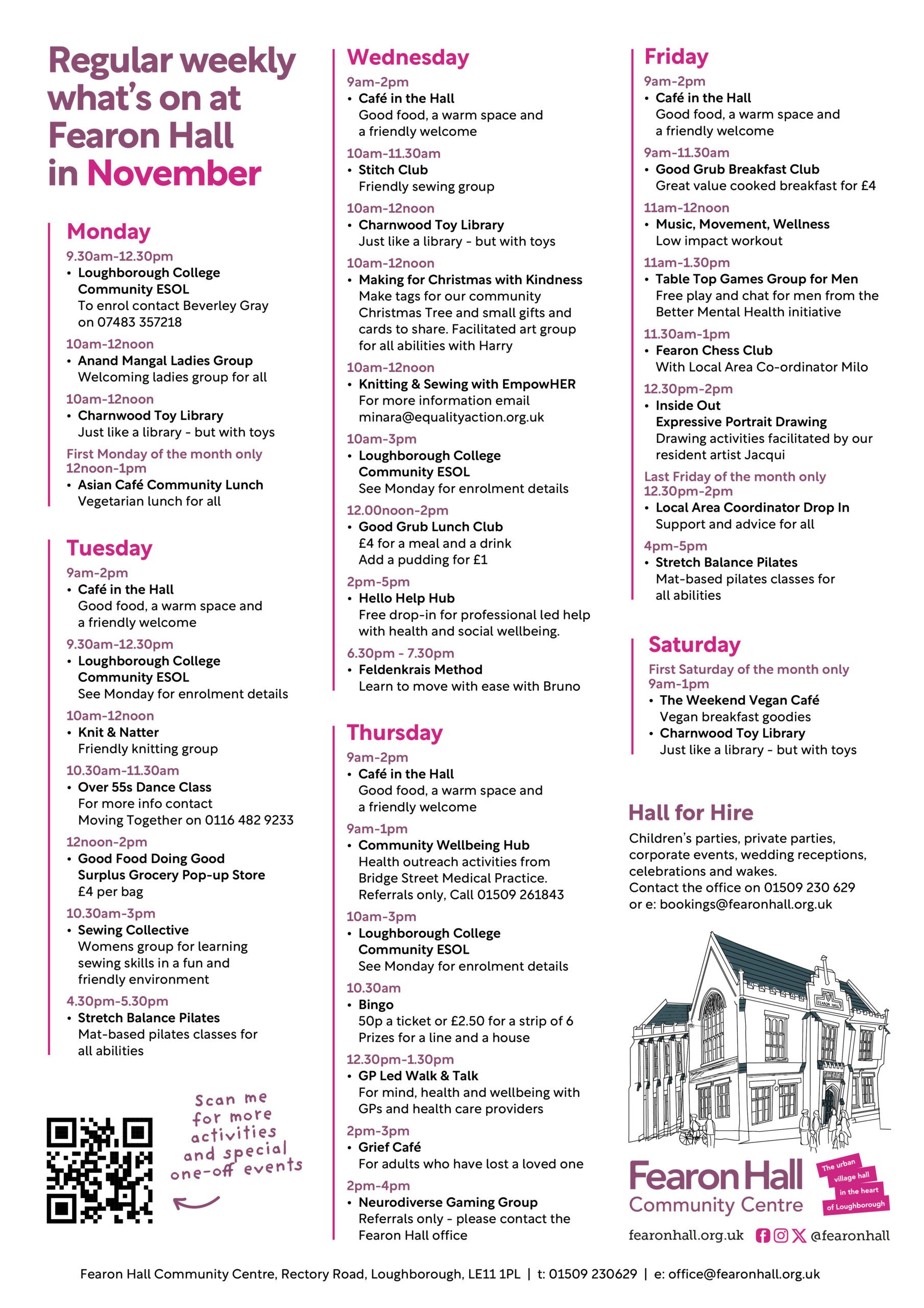 Regular weekly what's on at Fearon Hall in November