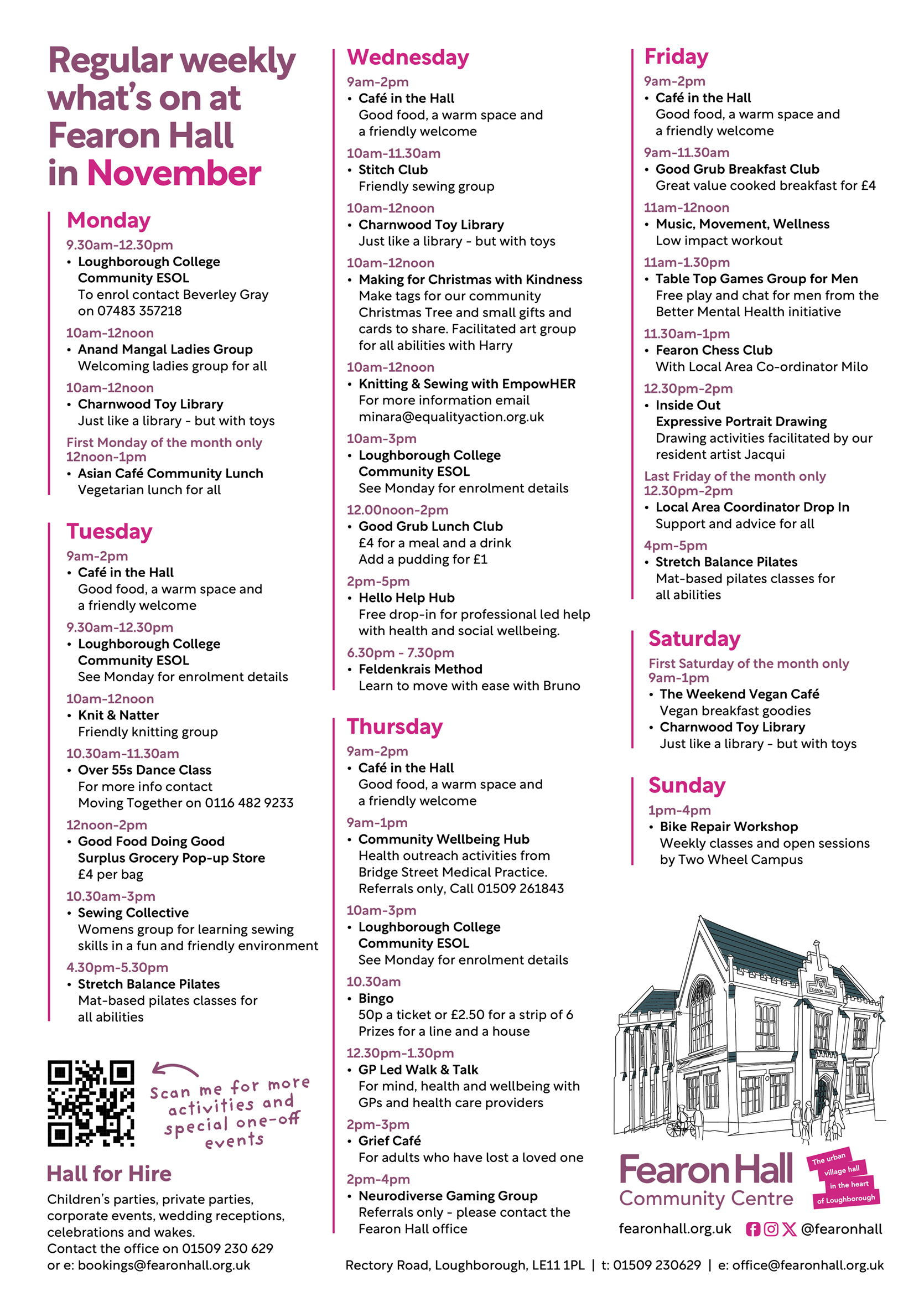 Regular weekly what's on at Fearon Hall in October