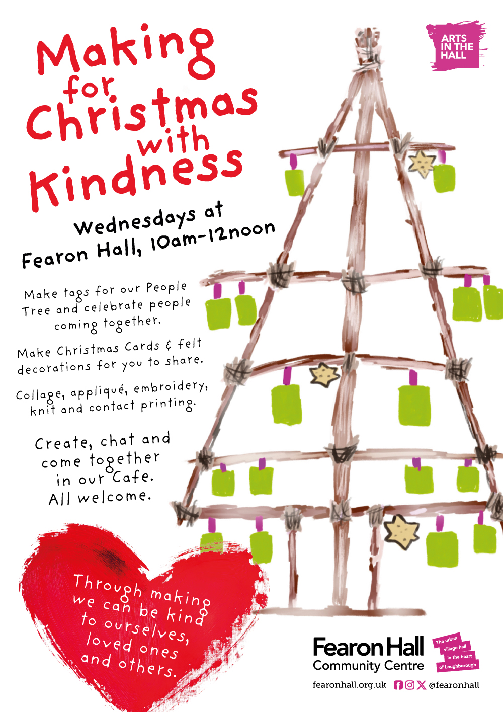 Making for Christmas with Kindness, every Wednesday 10am - 12noon. Make tags for our Community Christmas Tree, Christmas Cards and felt decorations for you to share.