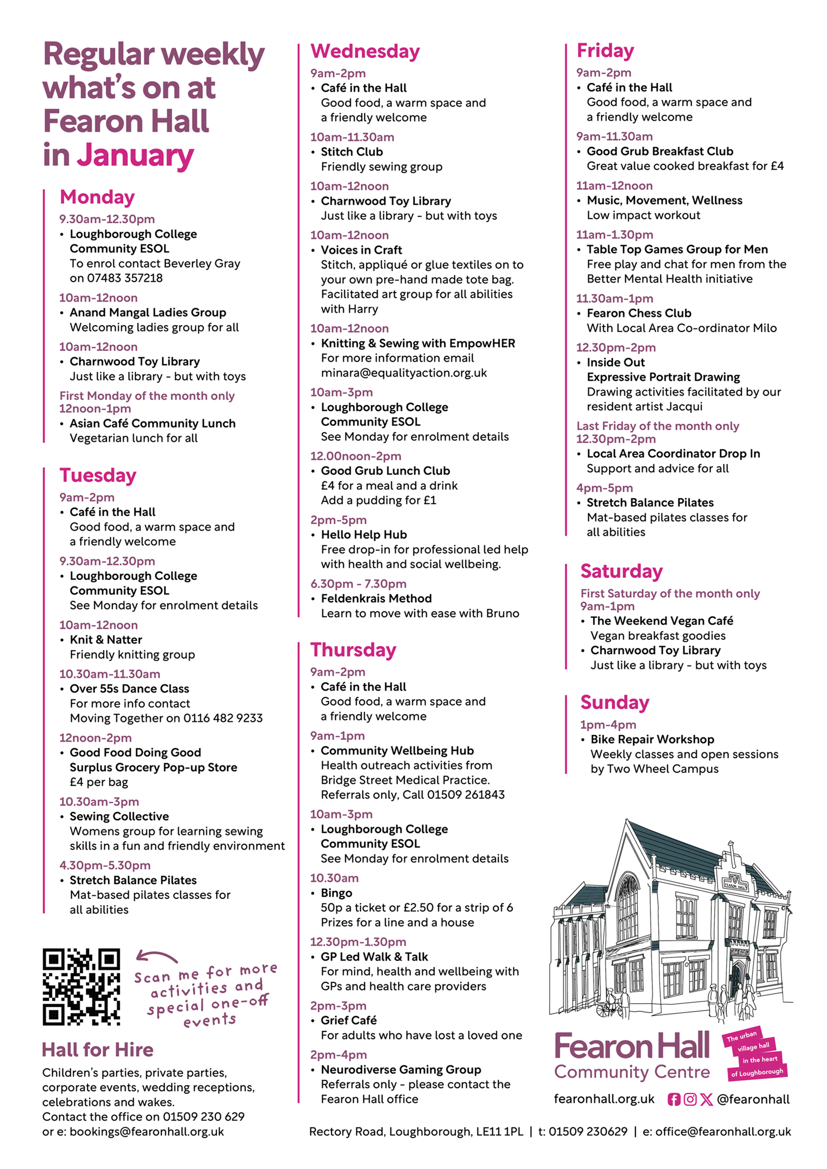 Regular weekly what's on at Fearon Hall in October