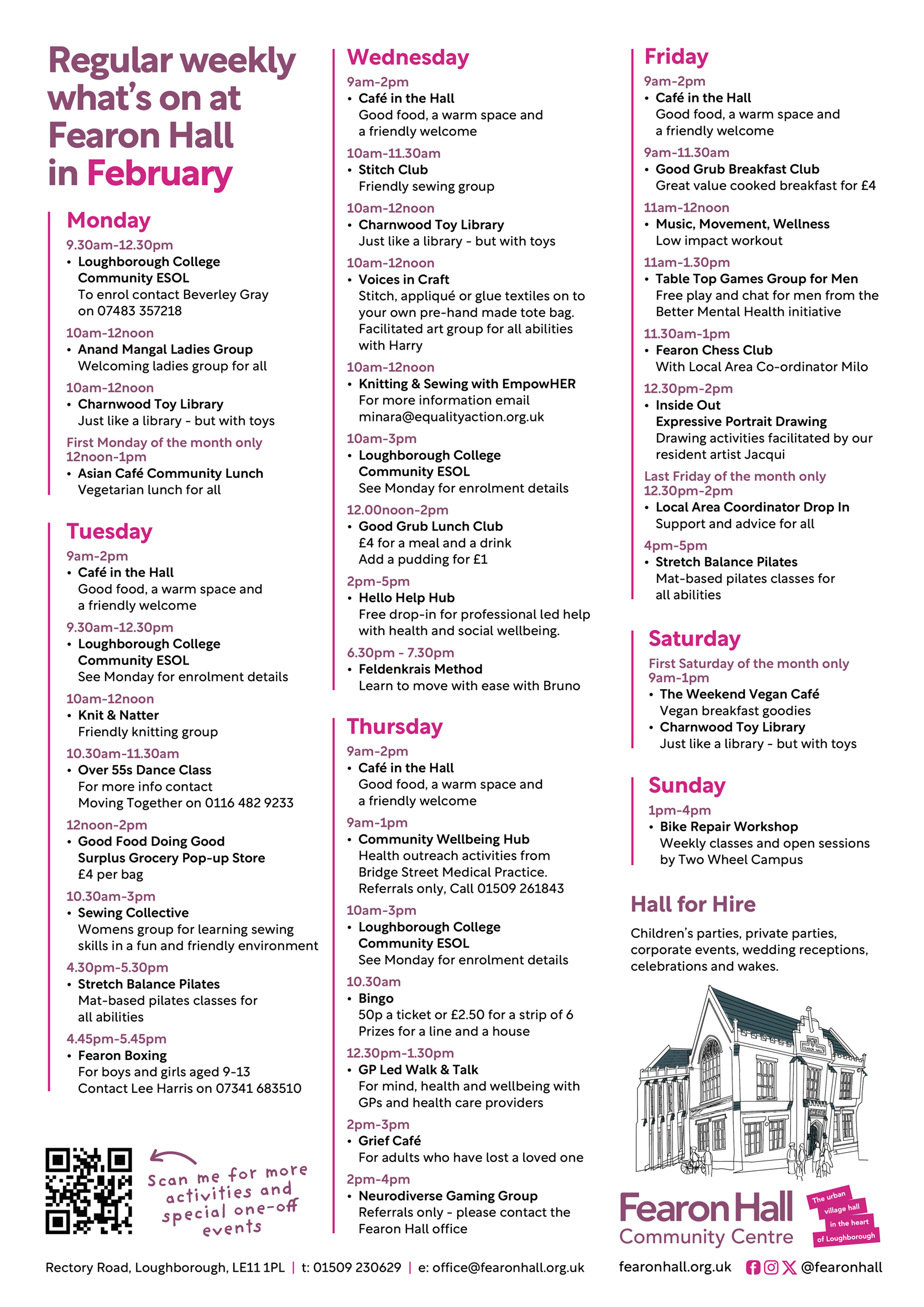 Regular weekly what's on at Fearon Hall in October