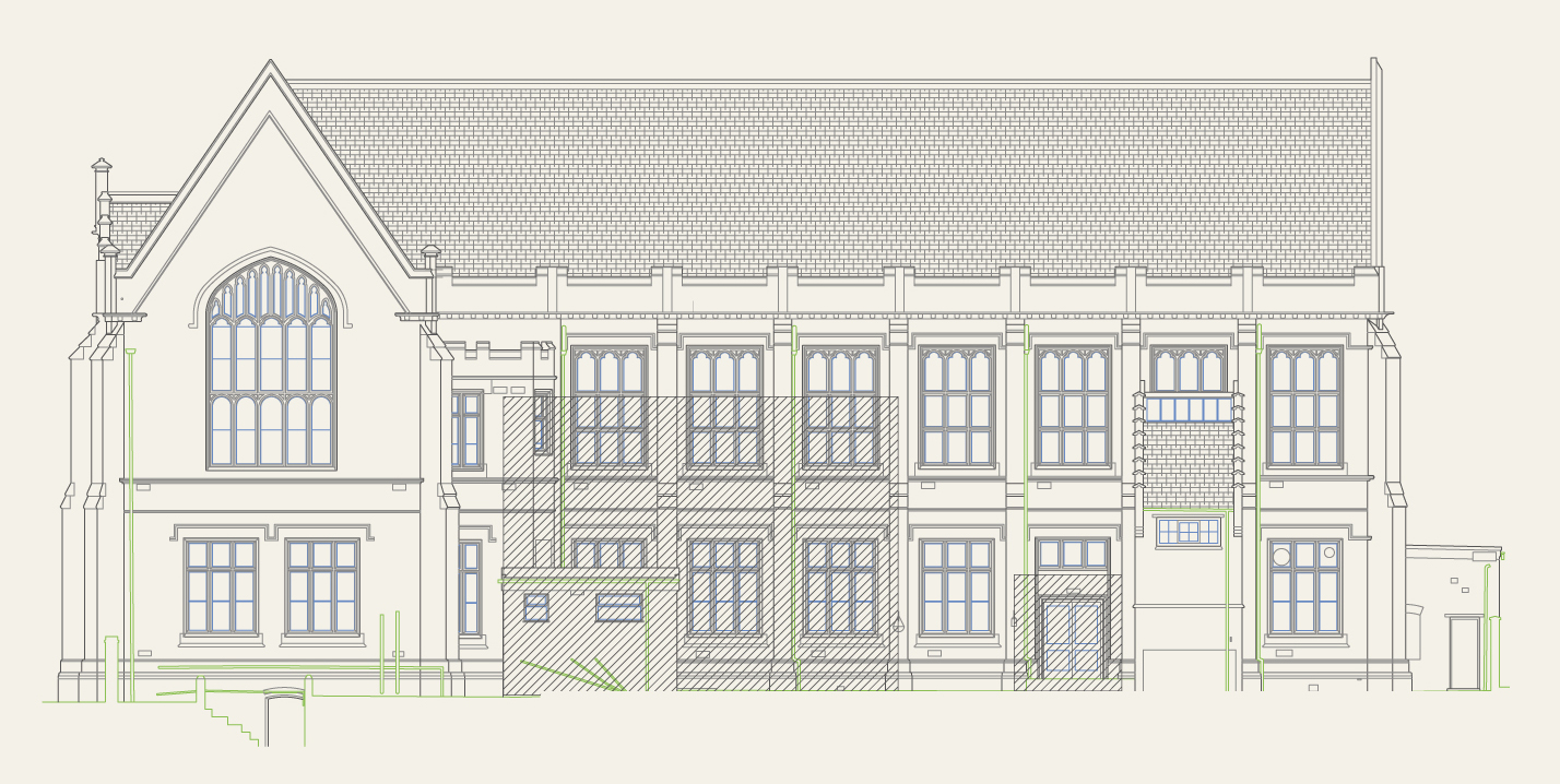 An image of an architects elevation drawing of Fearon Hall