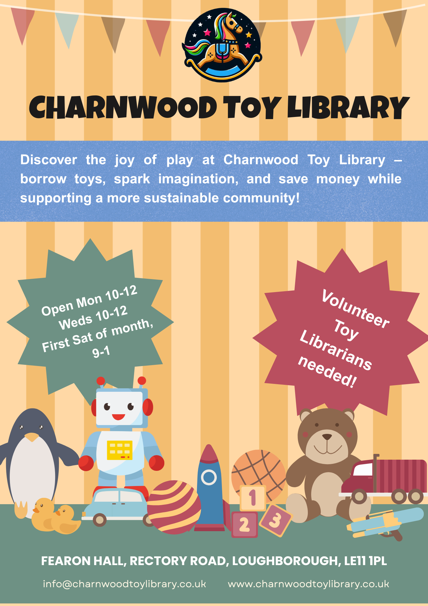 Charnwood Toy Library open Monday and Wednesday 10am to 12noon