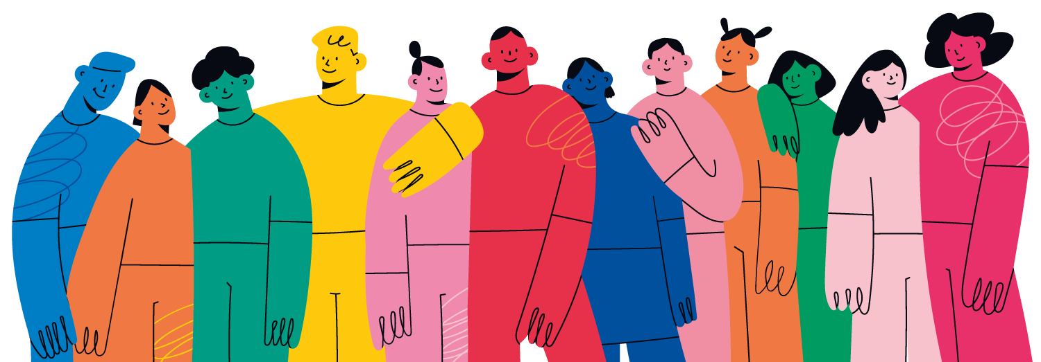 An illustration of a group of brightly coloured people
