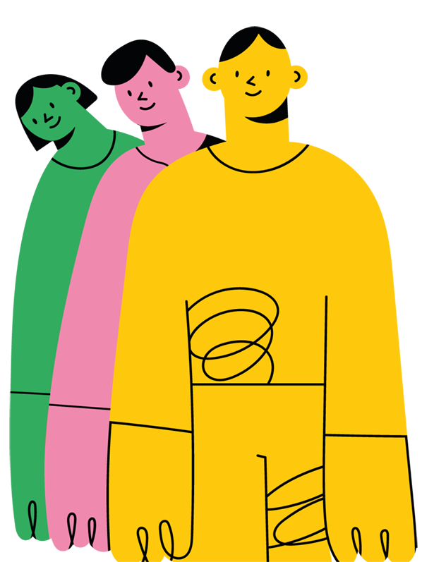 An illustration of three brightly coloured people smiling