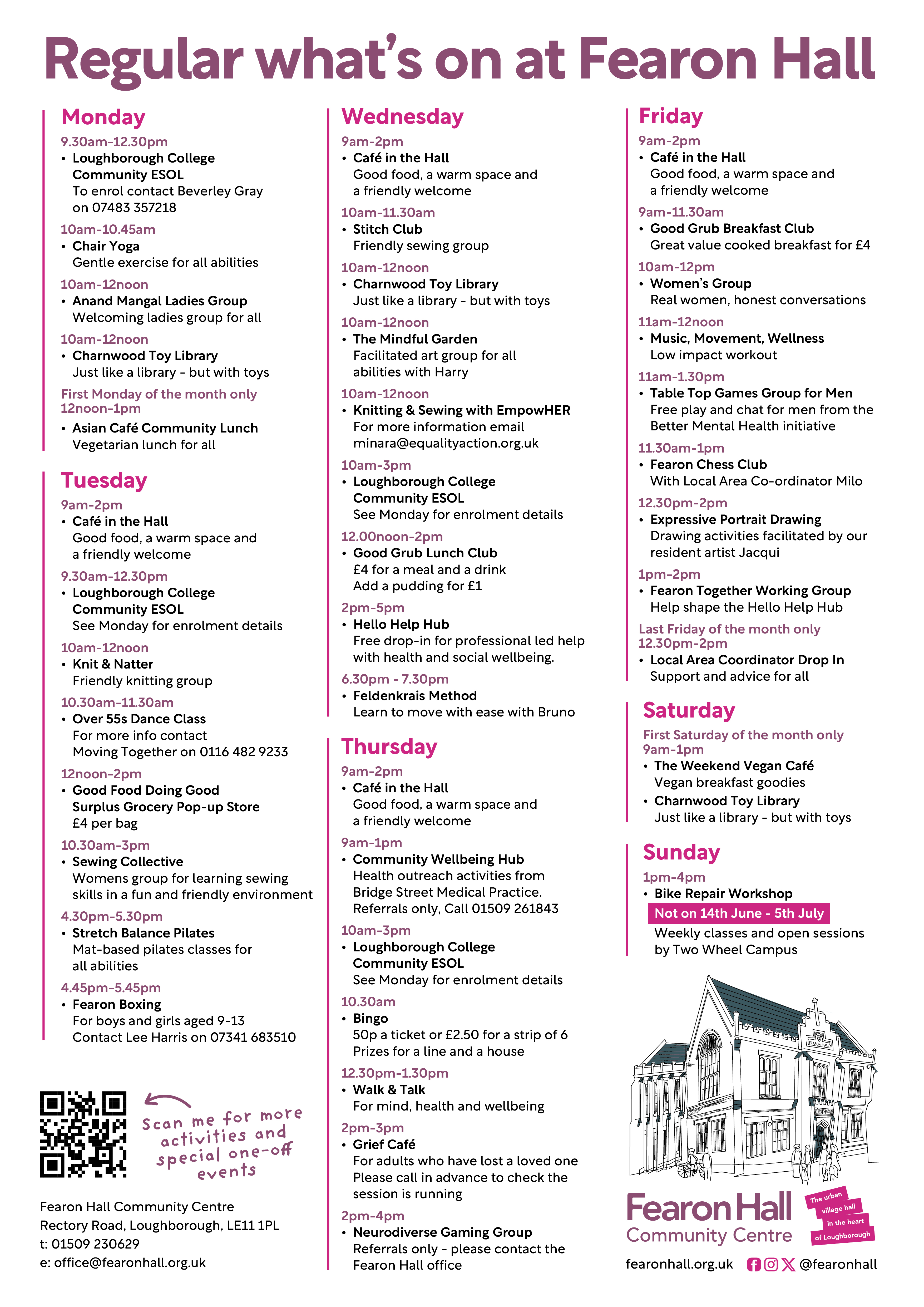 Regular weekly what's on at Fearon Hall