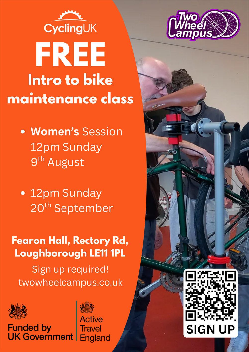 Two Wheeled Campus Bike Maintenenace Classses, Sunday 9th August and Sunday 20th September, 12 noon