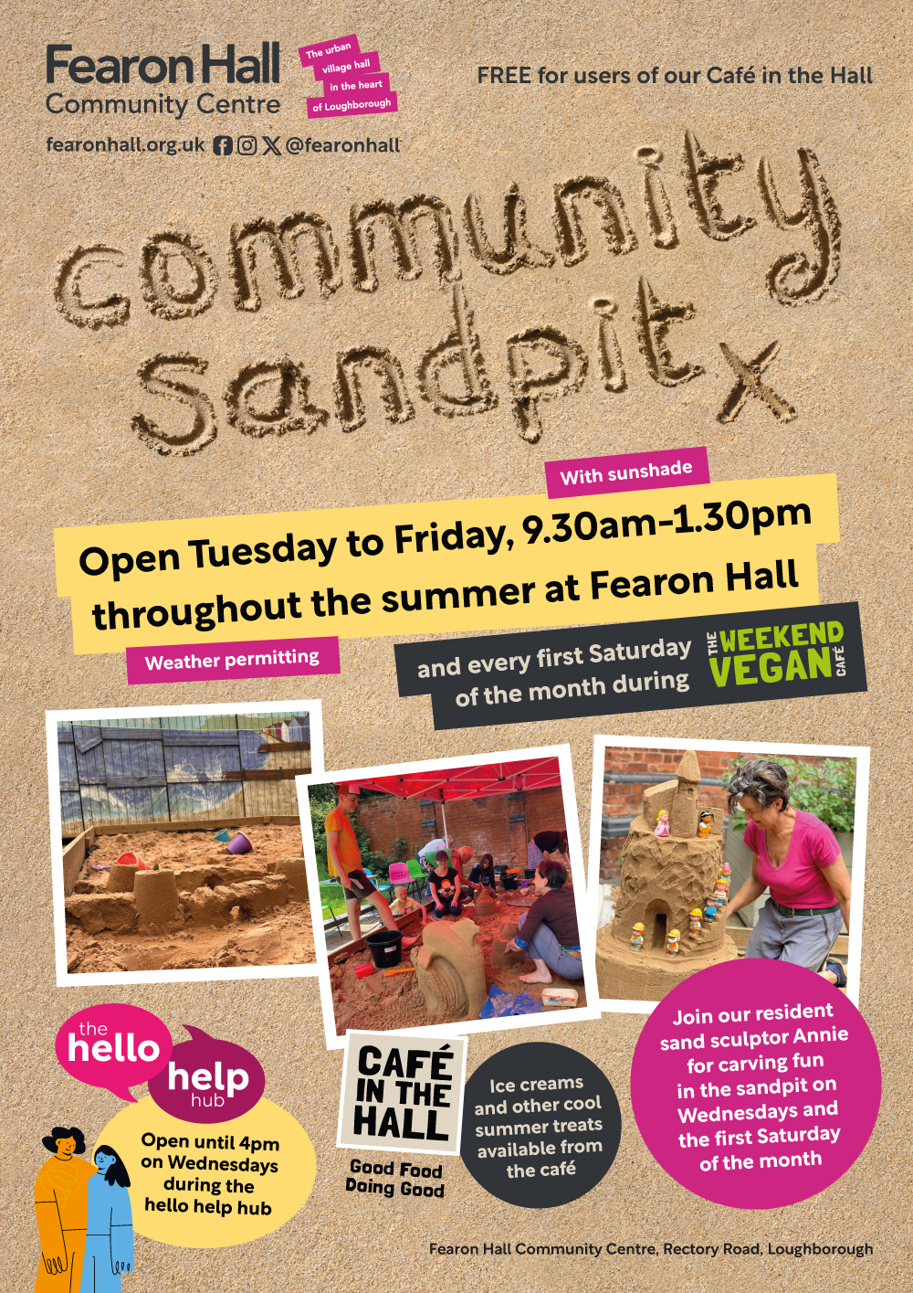 Fearon Hall Community Sandpit open Tuesday to Friday from 9.30am
