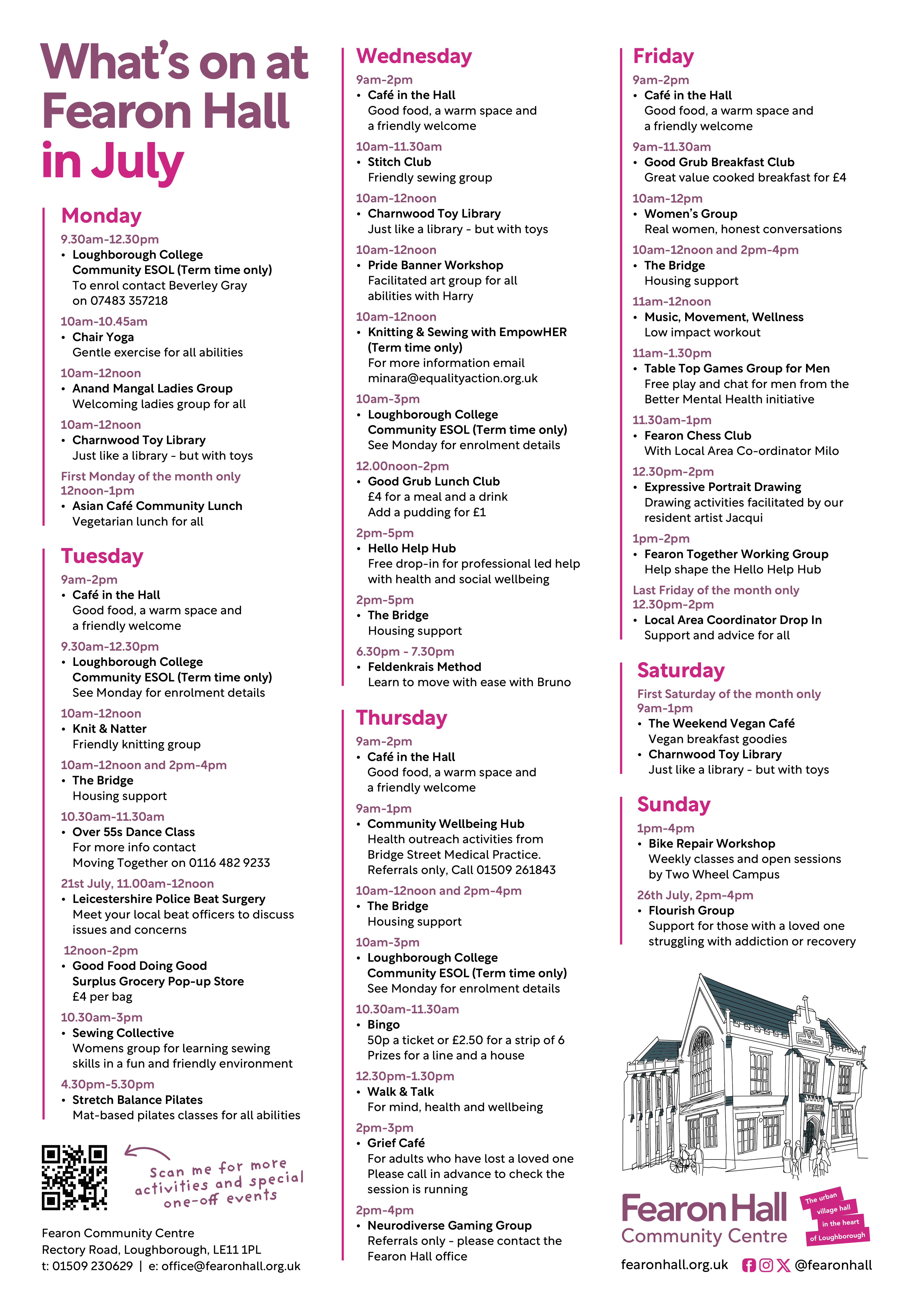 Regular weekly what's on at Fearon Hall in July 2026