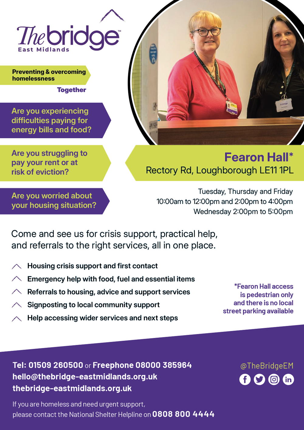 The Bridge at Fearon. Housing help Tuesday, Thursday and Friday, 10am - 4pm and Wednesday 2pm - 5pm.