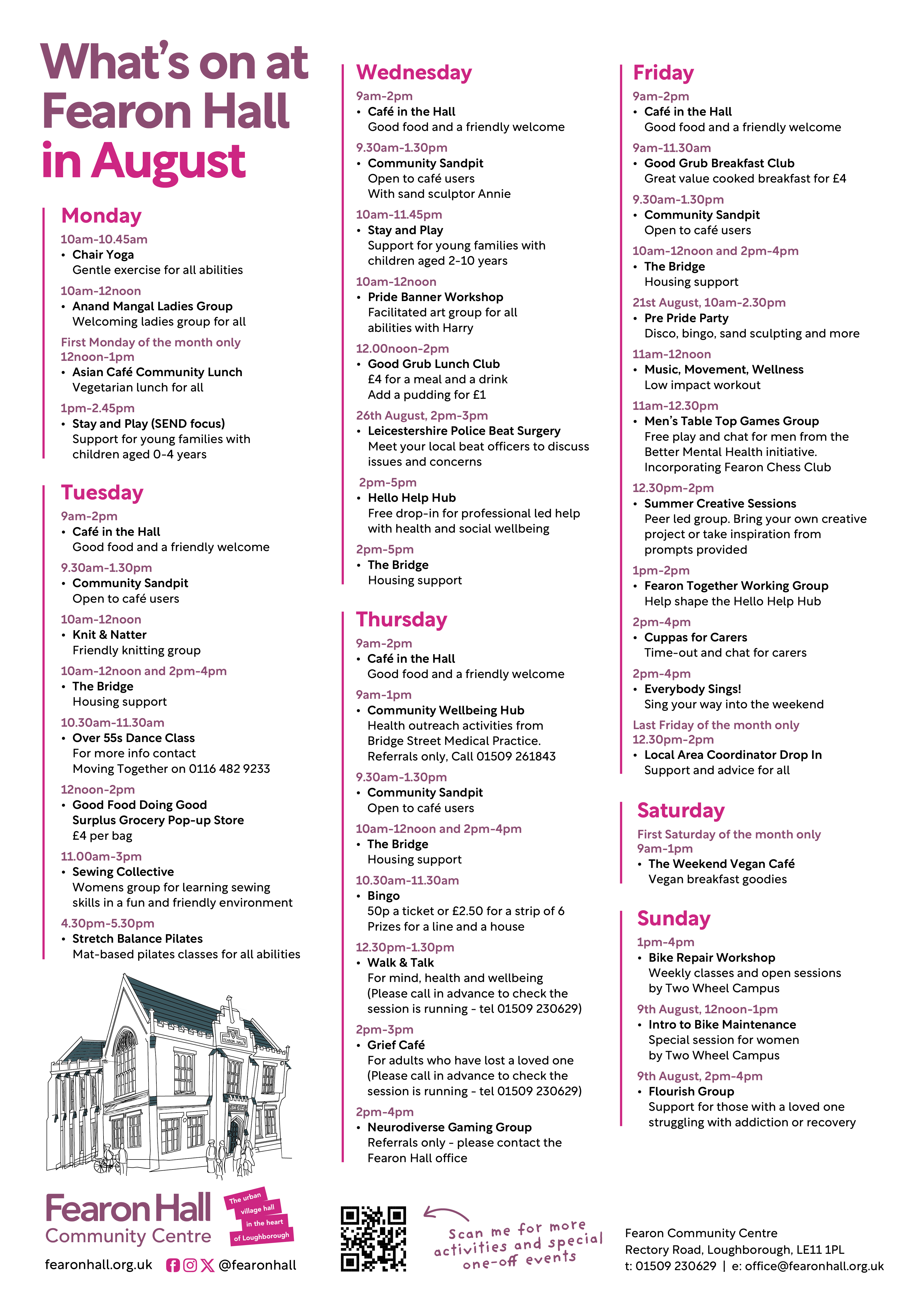 Regular weekly what's on at Fearon Hall in August 2026