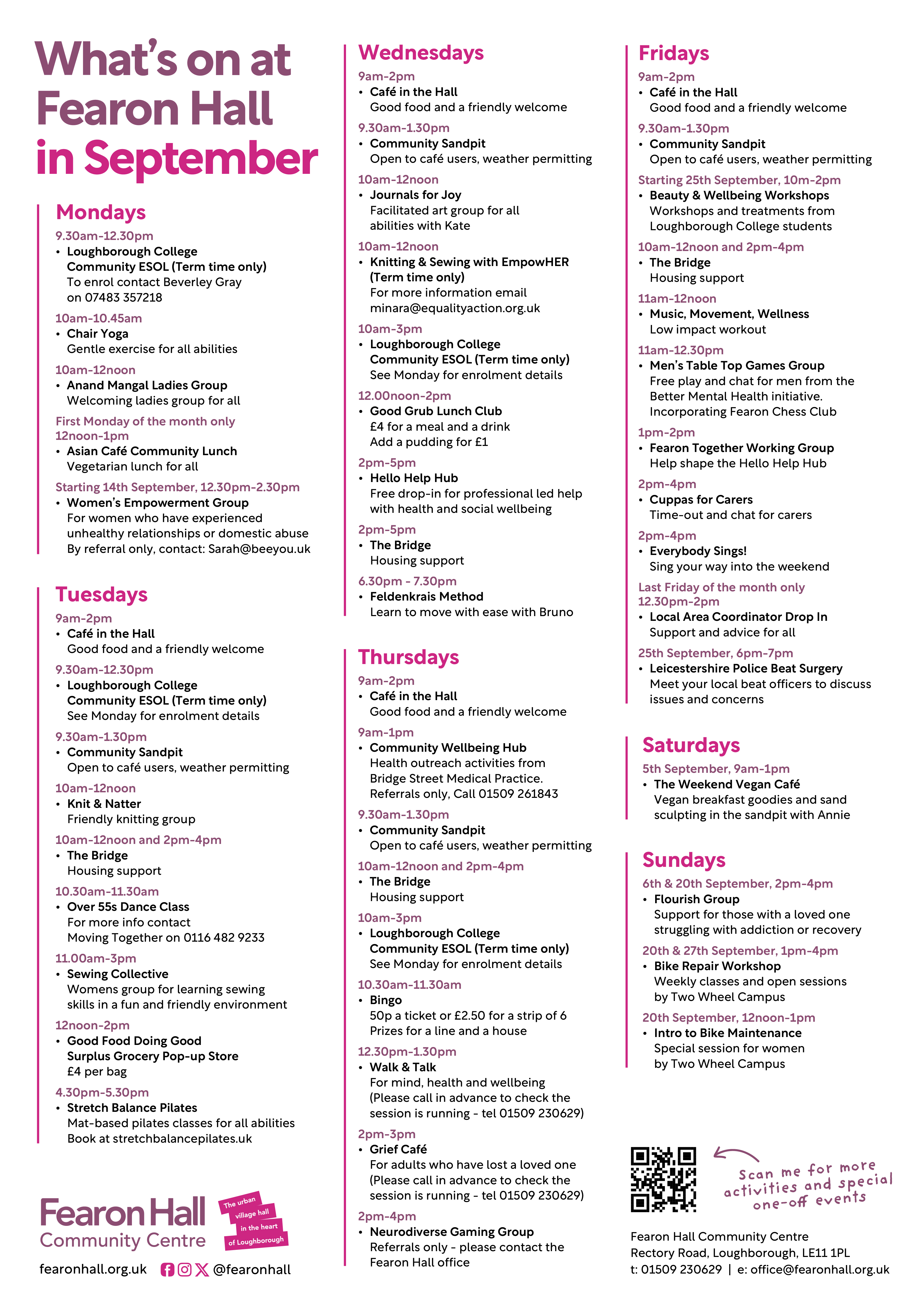 Regular weekly what's on at Fearon Hall in September 2026
