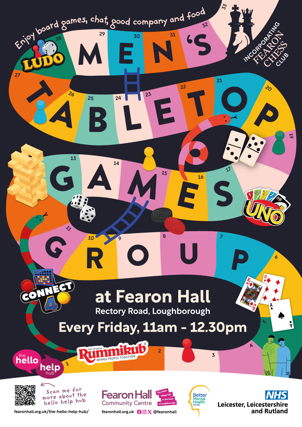 Mens Tabletop Games Group incorporating Fearon Chess Club. Every Friday 11am - 12.30pm. Enjoy board games, chat, good company and food. 
