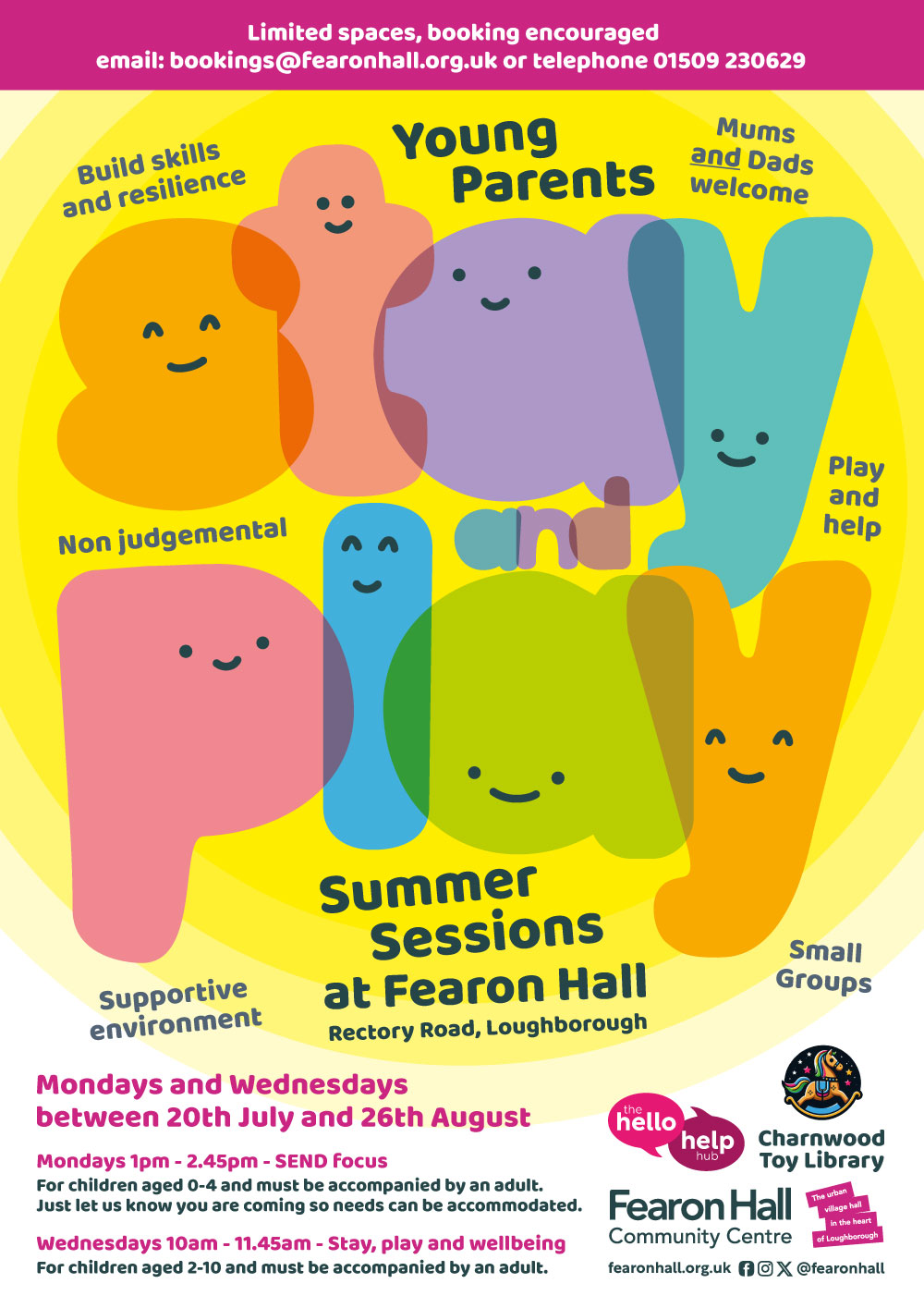 Stay and Play Summer sessions, Mondays 1pm-2.45pm and Wednesdays 10am - 11.45am up until 26th August