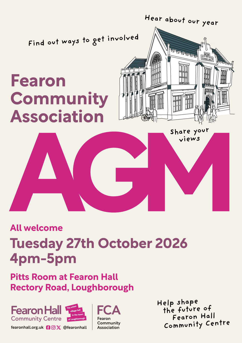 Fearon Community Association AGM. Everyone welcome. Pitts Room, Fearon Hall, Rectory Rd. Hear about our year, find out ways to get involved, share your views, shape the future of Fearon Hall Community Centre.