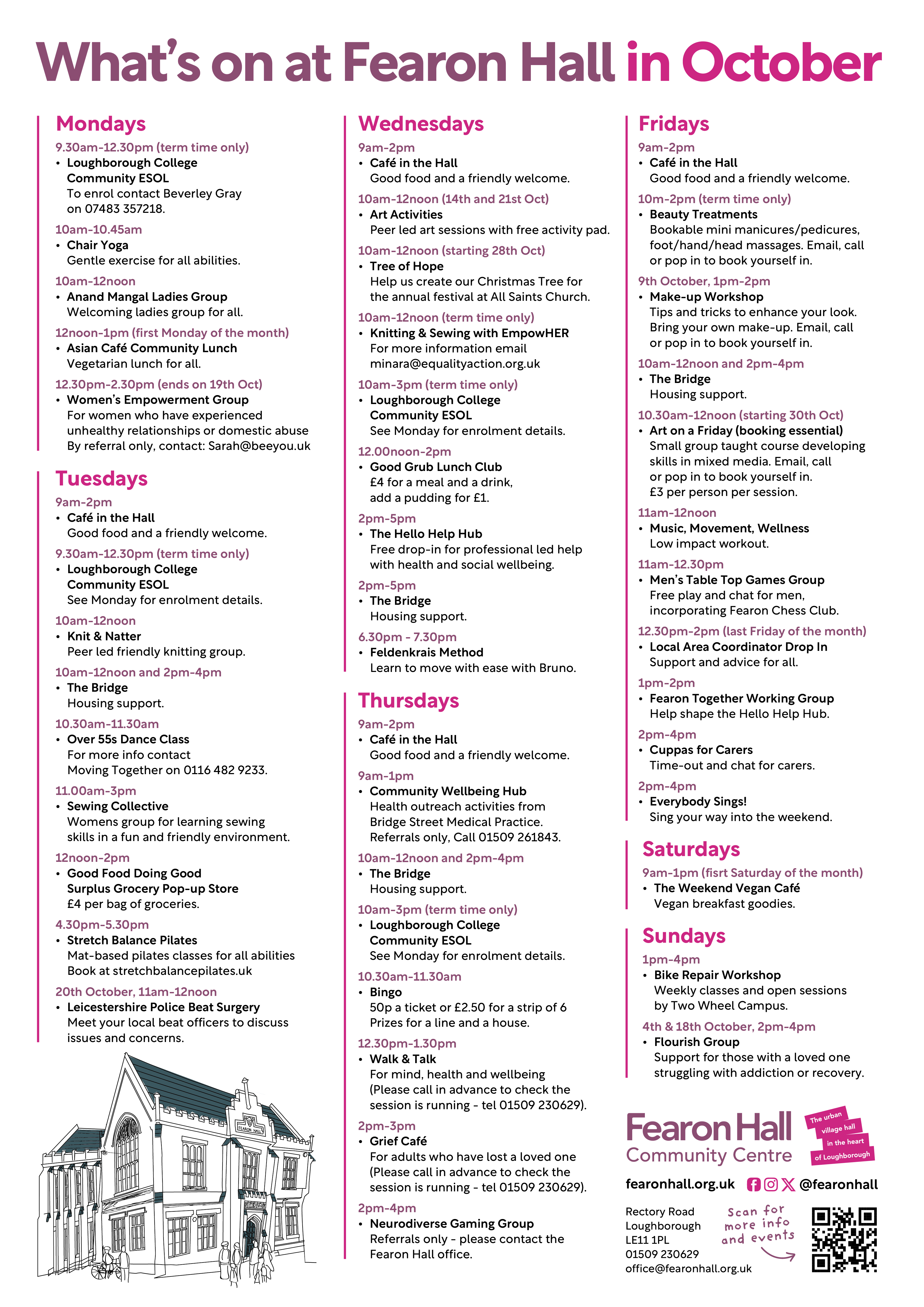 Regular weekly what's on at Fearon Hall in September 2026